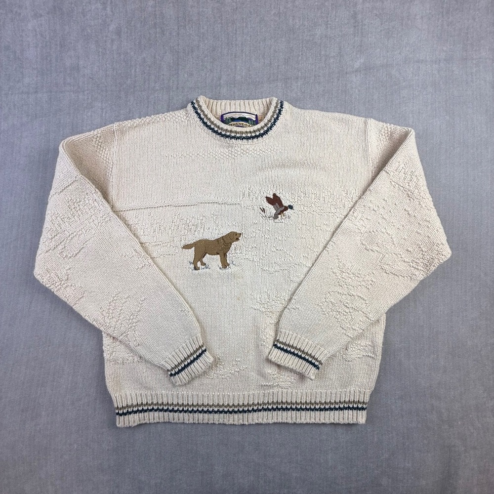 Shenandoah Vintage Mens Cotton Knit‎ Sweater Cream Dog Duck Hunting USA Large